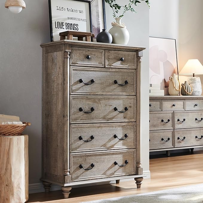Farmhouse 7 Drawers Dresser Chests for Bedroom w/ 4 Column Solid Wood Feet