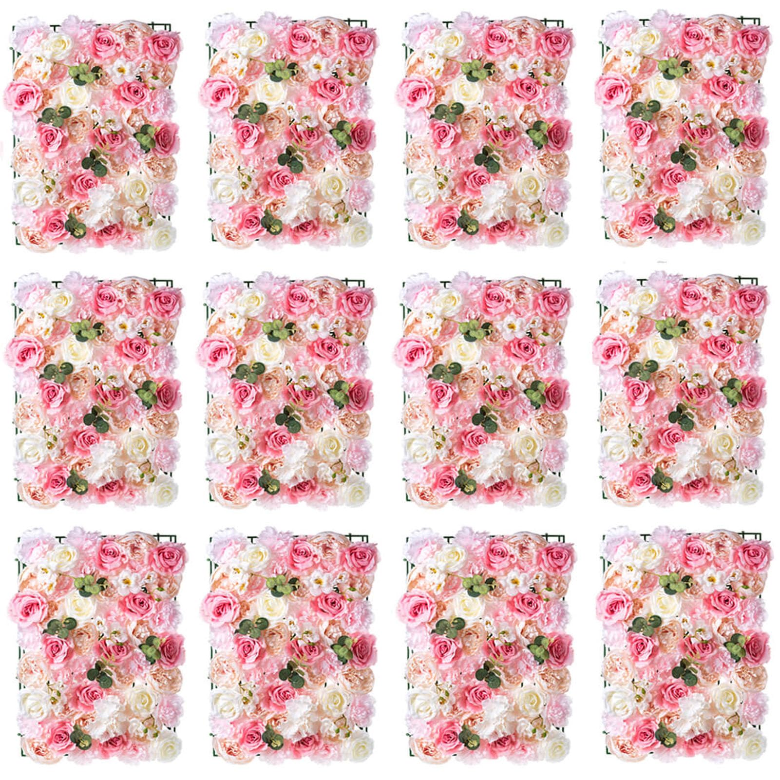 Flower Wall Panel for Backdrop: 12 Pcs 24 X 16 White & Pink Faux Roses Artificial Flower