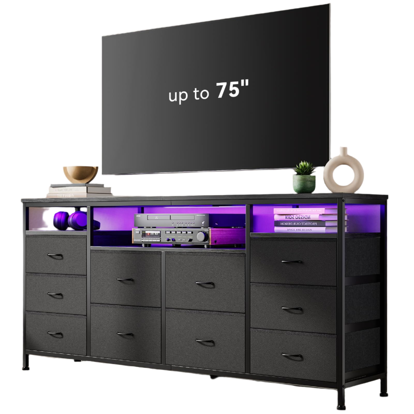 63.3 Inch Black Dresser for Bedroom, 10 Drawer Dresser TV Stand,living room