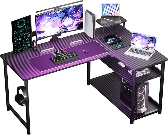 L Shaped Gaming Desk, Carbon Fiber Style Computer Desk with Monitor Shelf and Hook