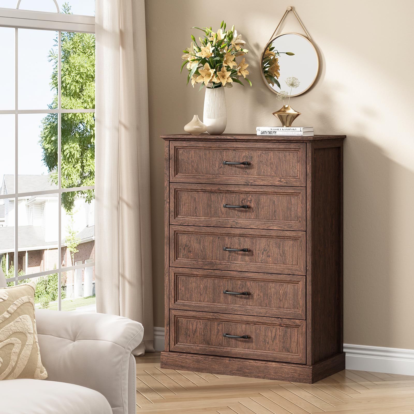 5 Drawers Dresser for Bedroom, 44" Tall Brown dresser Wood Rustic Chest