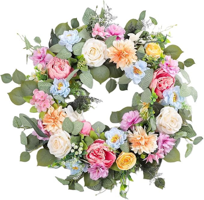 24 Inch Summer Wreaths for Front Door, Summer Wreath,Blue Hydrangea Wreath