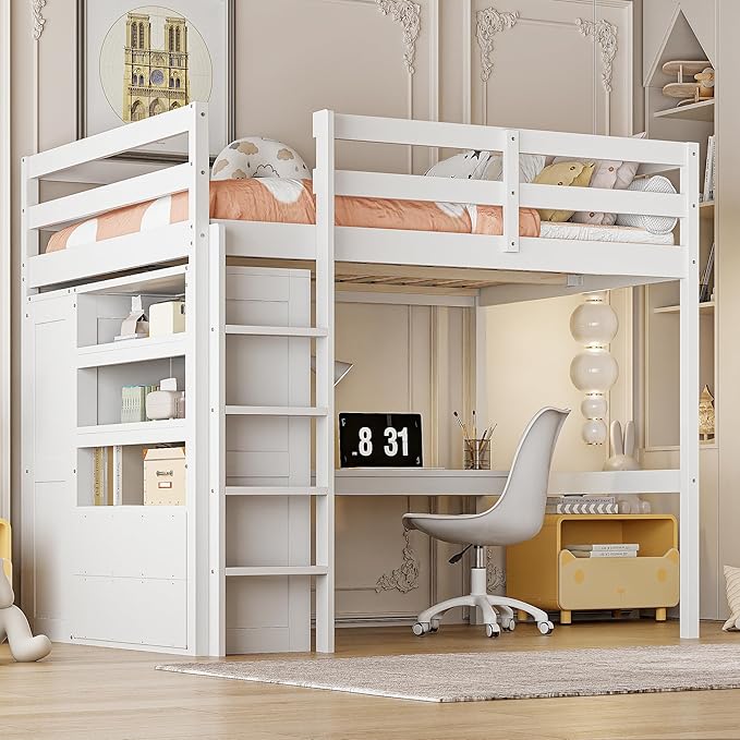 Full Size Loft Bed with Desk & Wardrobe