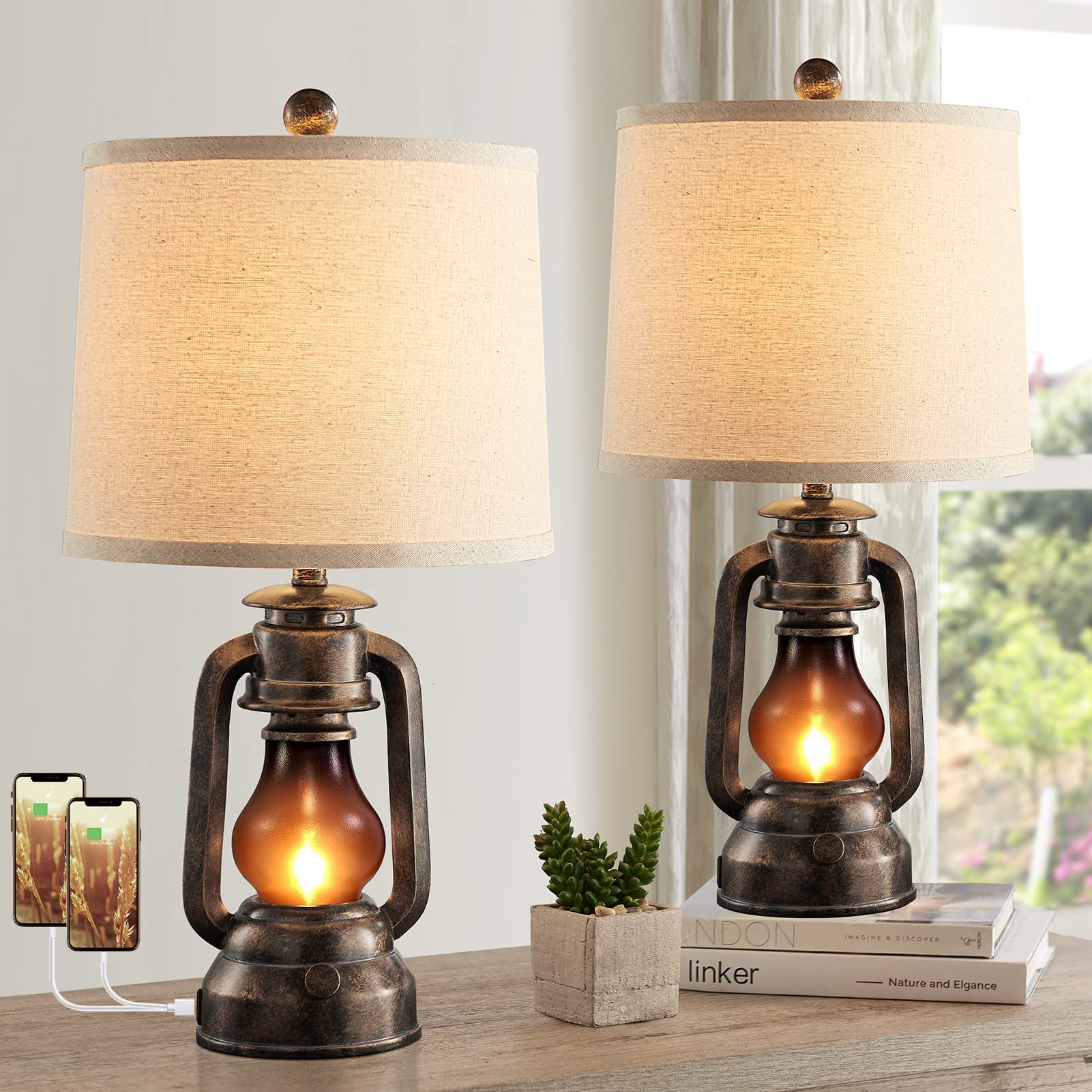 Table Lamps for Living Room Set of 2, Vintage Bedroom Resin Lamp