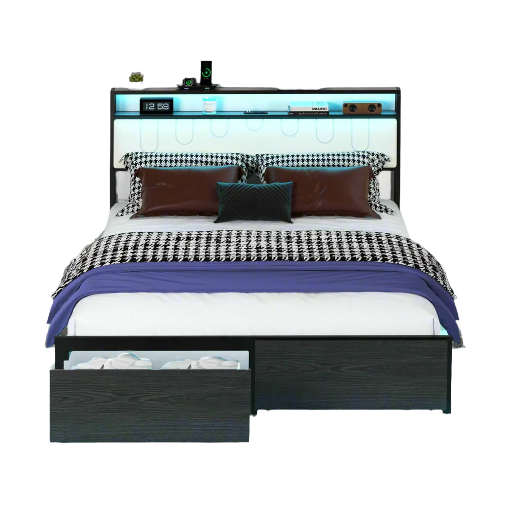 Queen Bed Frame with Headboard, Dual LED Lights Platform Bed Frame