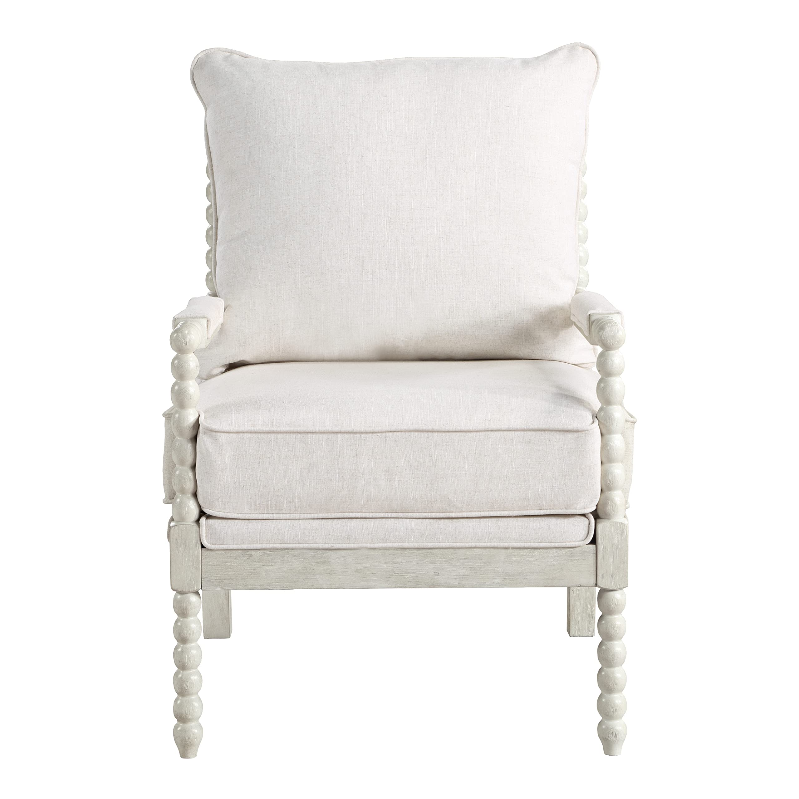 Kaylee Spindle Accent Chair with Antique White Wood Frame, White Linen Fabric
