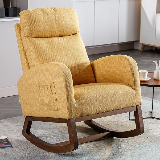 Rocking Chair Nursery, Glider Chair with High Back and Side Pocket, Solid Wood