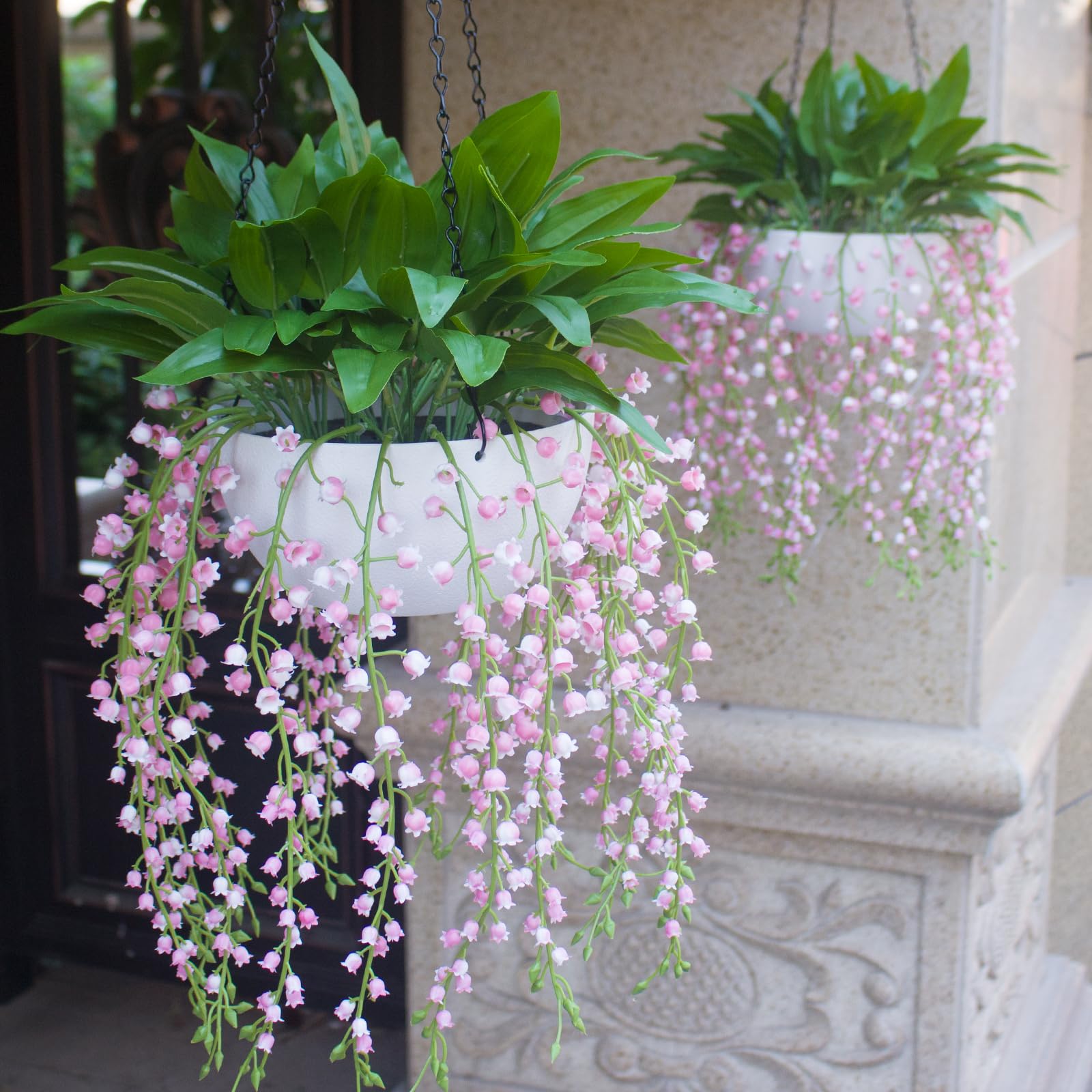 2-Pack Artificial Hanging Lily of The Valley - Pink Faux Flowers UV Resistant Fake Plants