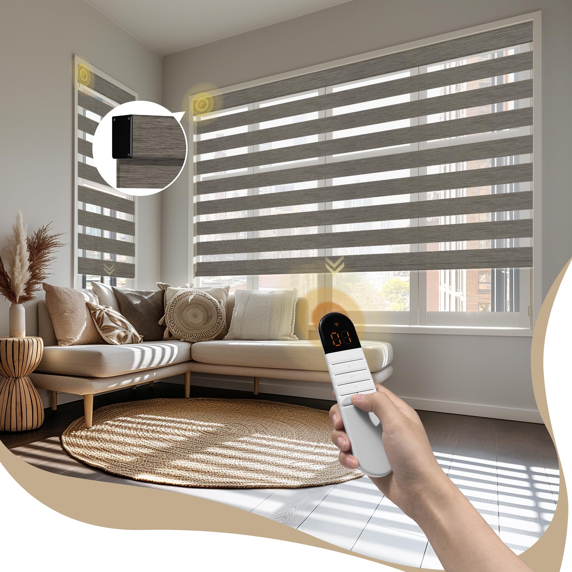 Motorized Zebra Blinds with Remote, 95% Blackout Zebra Roller Window Shades