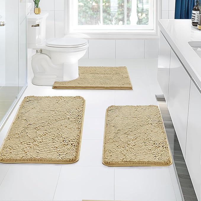 Luxury 3-Piece Bathroom Rug Set – Ultra Soft & Absorbent Chenille Bath Mats – Quick-Dry