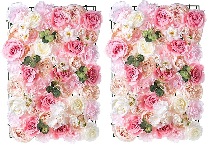 Flower Wall Panel for Backdrop: 12 Pcs 24 X 16 White & Pink Faux Roses Artificial Flower