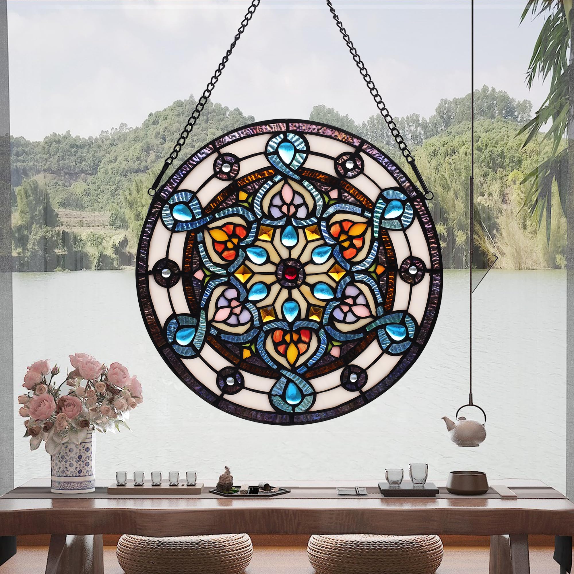 Tiffany Style Stained Glass Window Hanging Panel 12 Inch Round Handmade Blue Flower