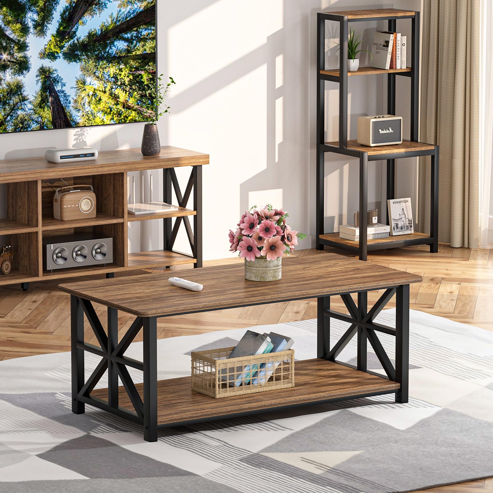 Coffee Table with Round Corner, Farmhouse Center Table,living room