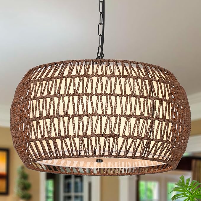 Farmhouse Chandelier Light Fixtures，5-Lights Rattan Dining Room Light Fixture