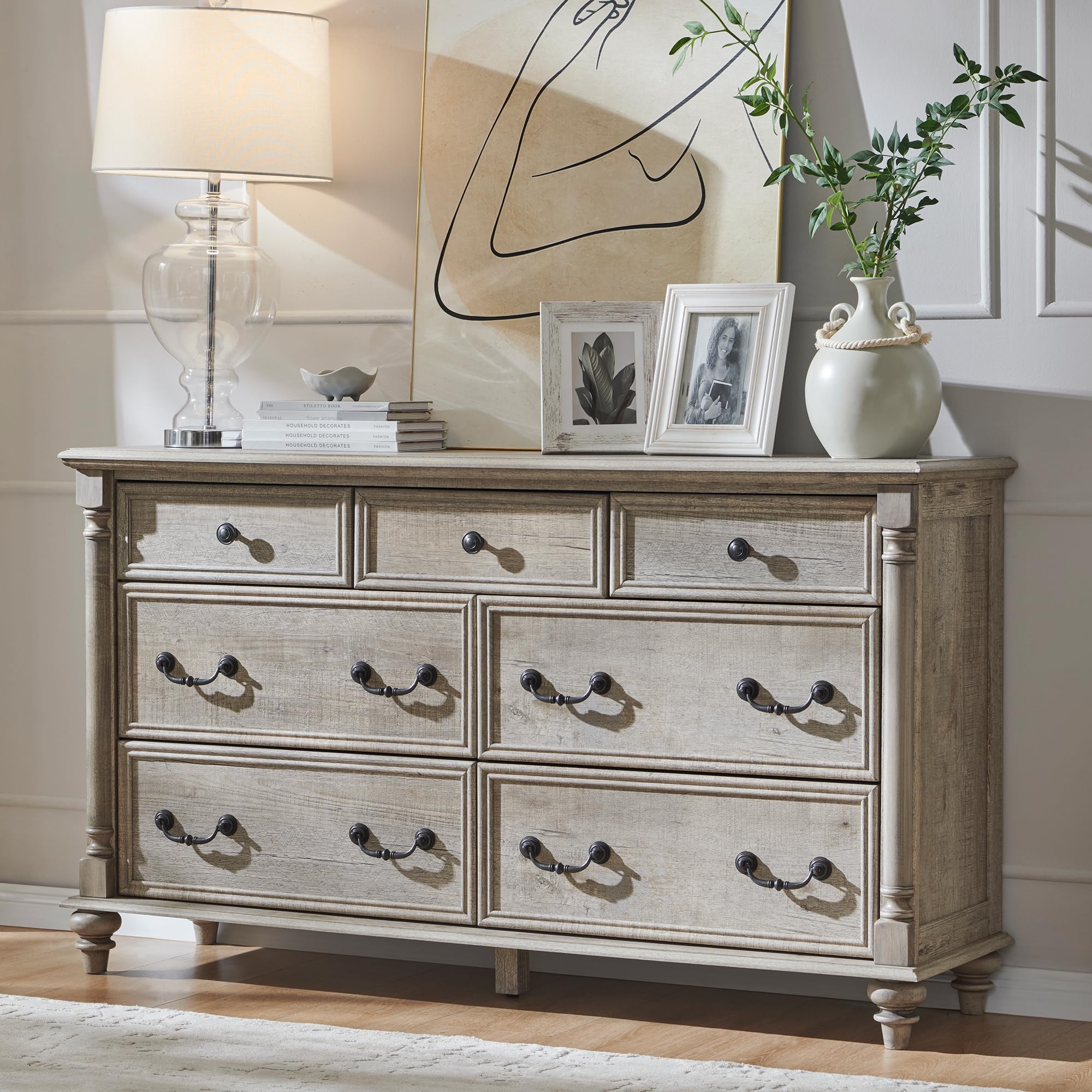 Farmhouse 7 Drawers Dresser Chests for Bedroom w/ 4 Column Solid Wood Feet