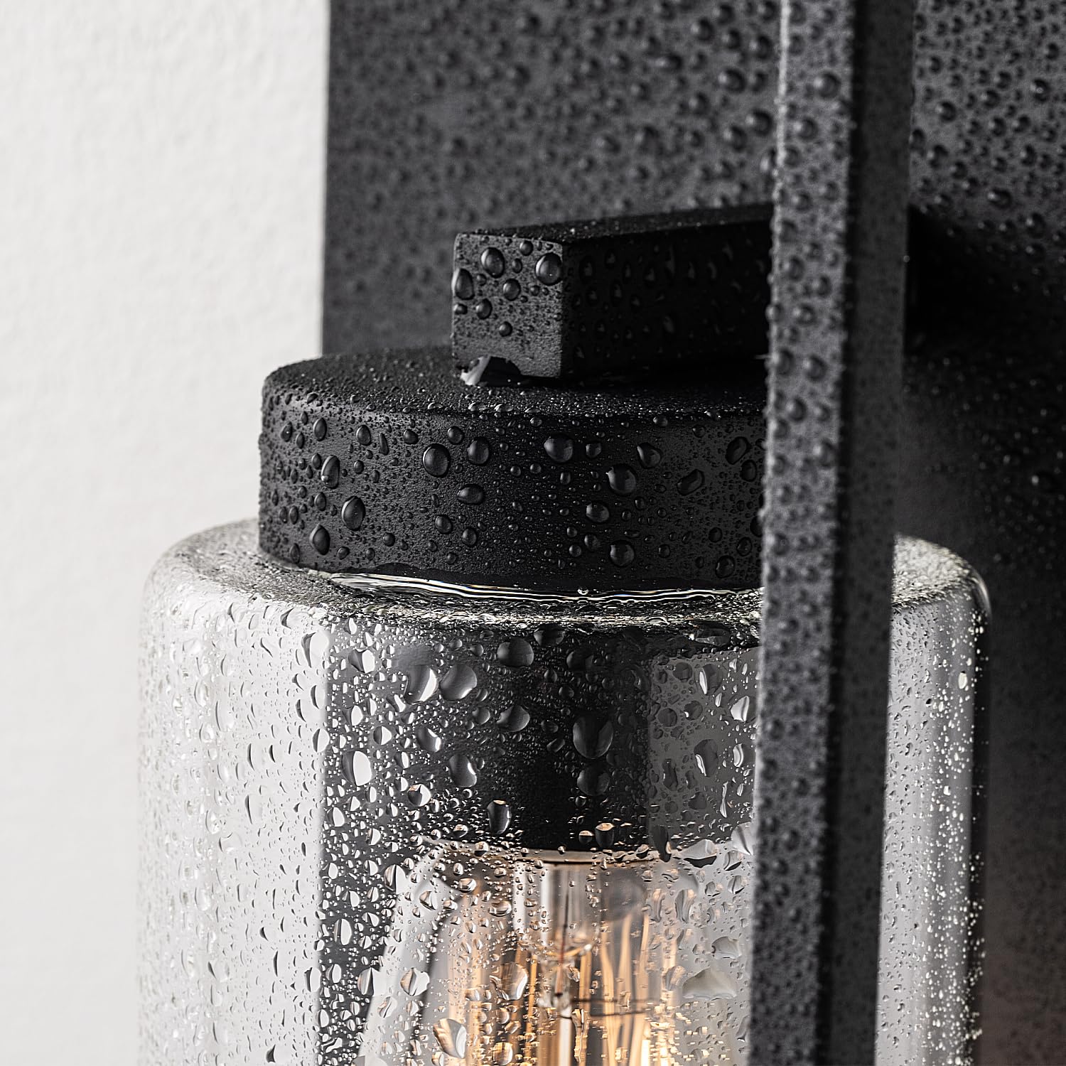 Outdoor Wall Sconce 1 Light in Cylinder Glass Shade and Matte Black Rectangular