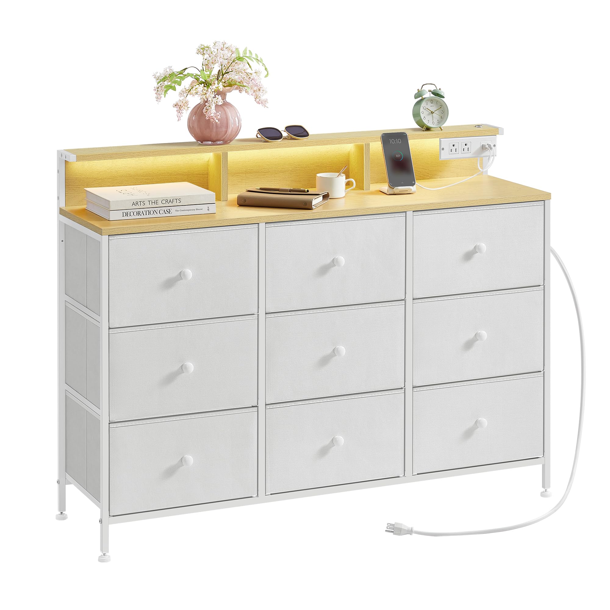 Dresser for Bedroom, Storage Organizer with 9 Fabric Drawers and LED Lights