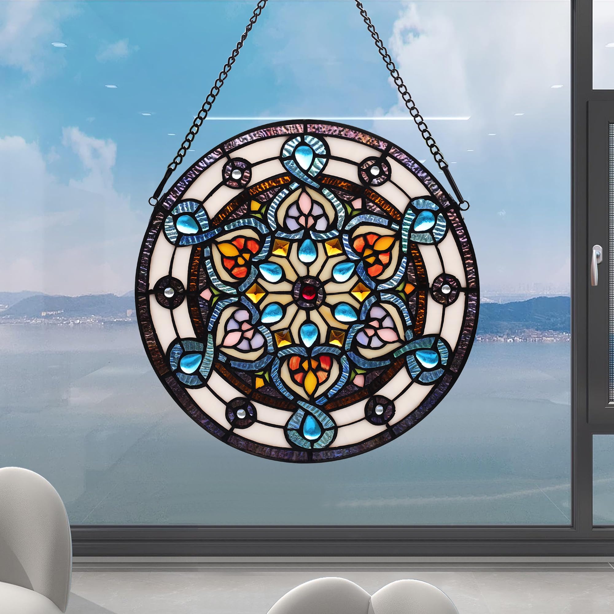 Tiffany Style Stained Glass Window Hanging Panel 12 Inch Round Handmade Blue Flower