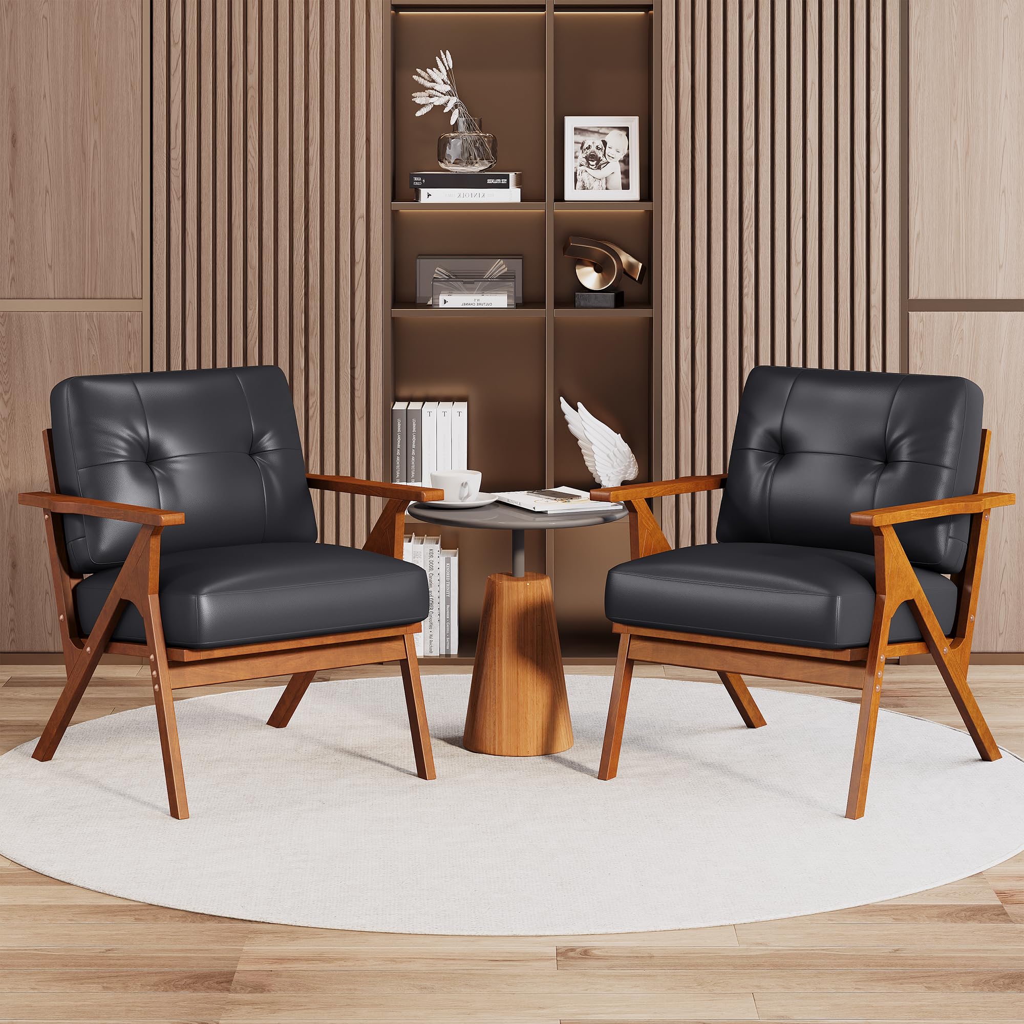 Black Leather Accent Chairs Set of 2, Mid Century Modern Accent Chairs