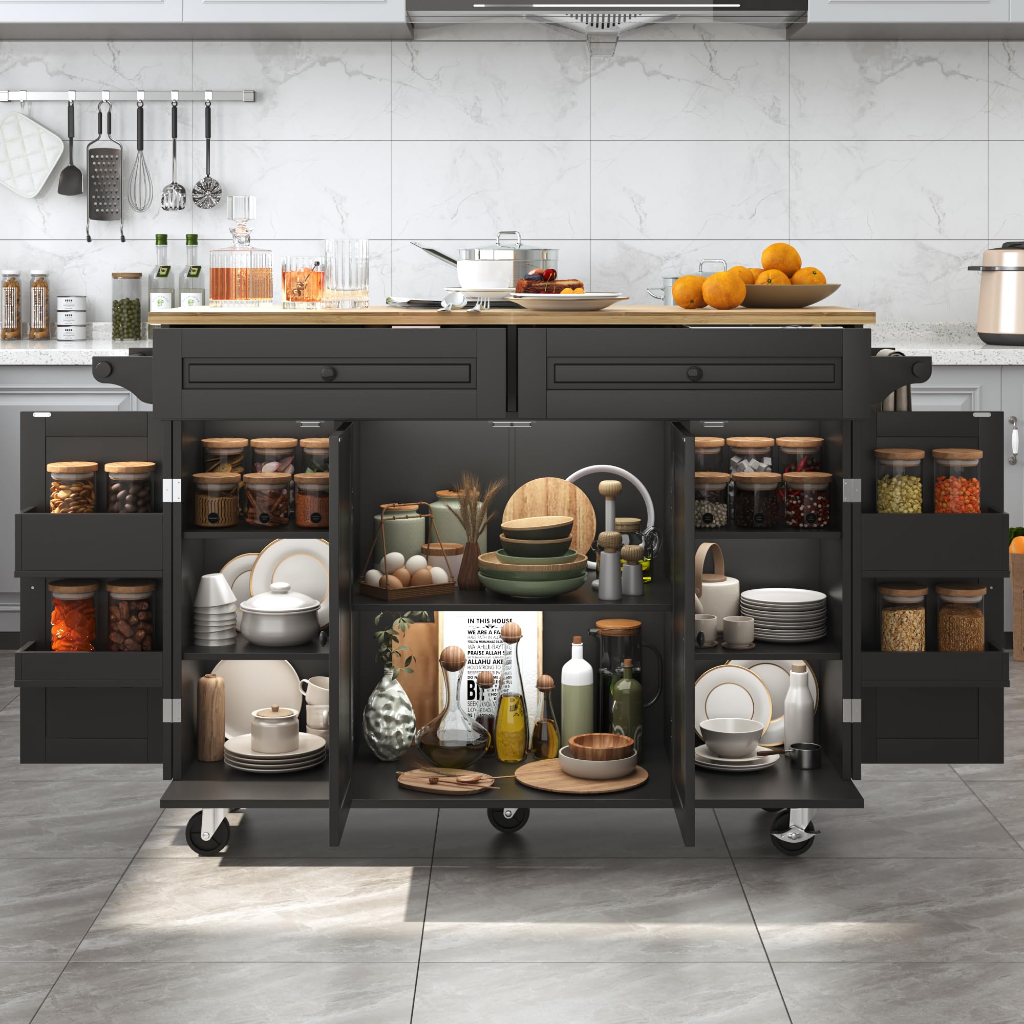 55" Kitchen Cart with Wood Top and Drop Leaf Breakfast Bar