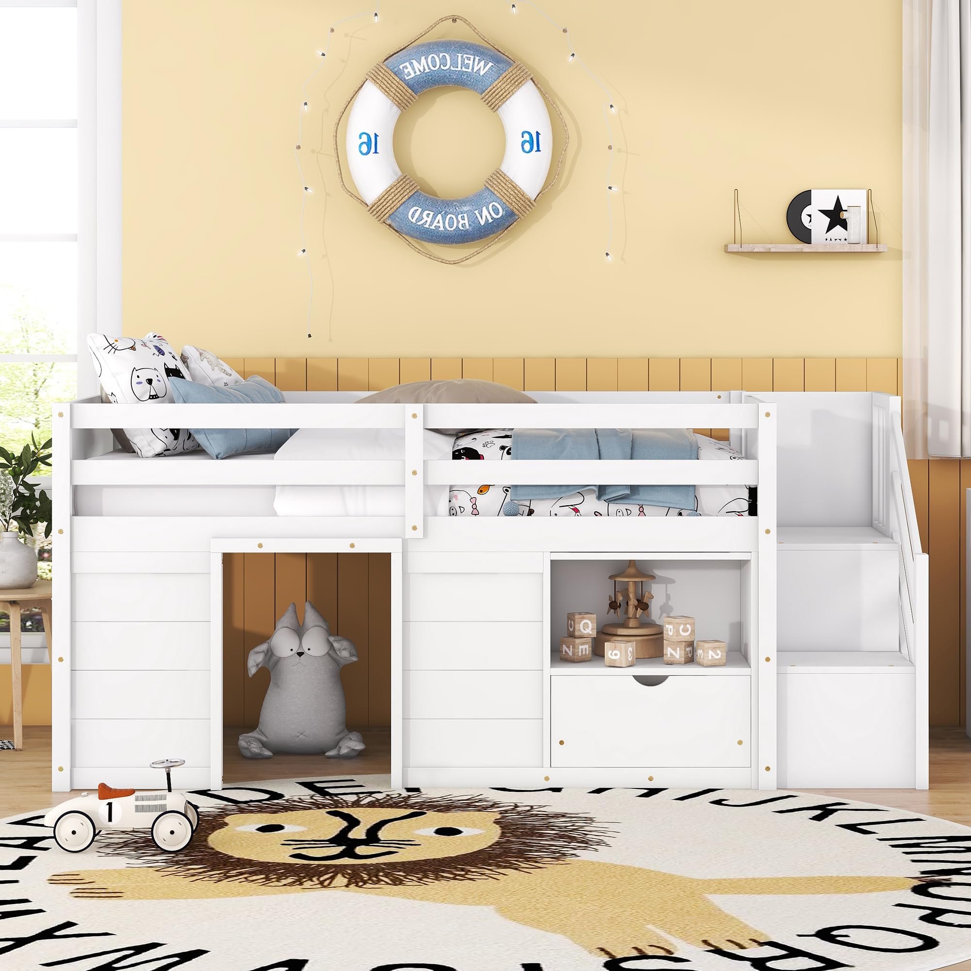 Twin Size Low Loft Bed with Playhouse, Loft Bed Frame with Drawer