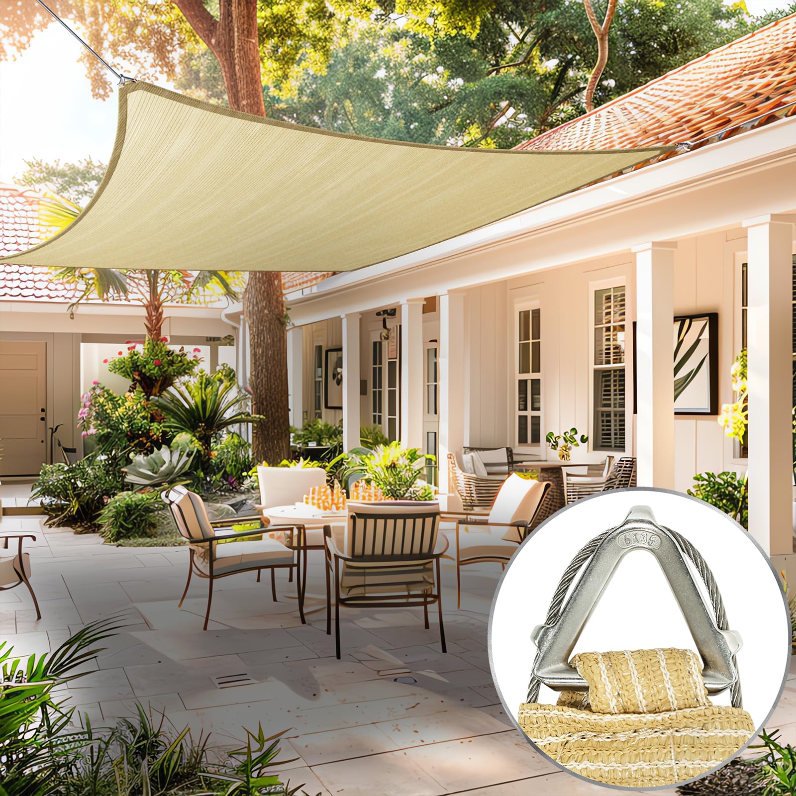 Heavy Duty 24' x 24' Beige Square Sun Shade Sail, Commercial Grade UPF50 Canopy