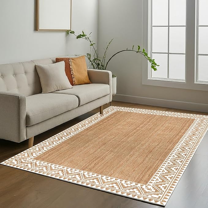 Premium Quality Jute Braided Area Rug, 5-feet Round, White Printed Border
