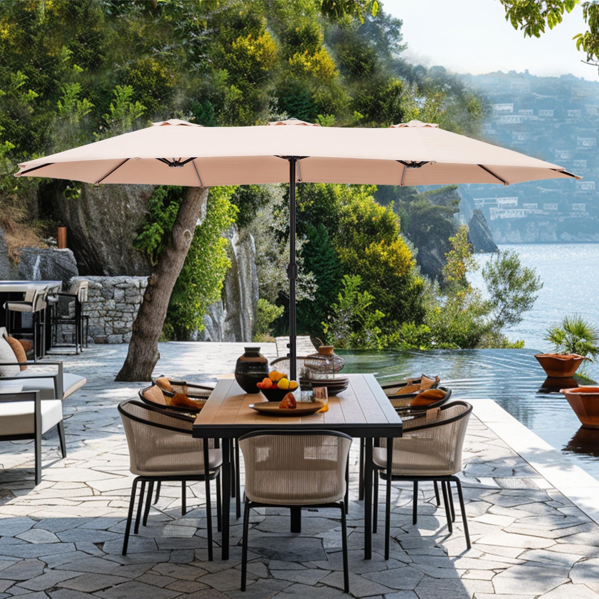 15 ft Rectangle Patio Umbrella with Base Included, Double-Sided Table Umbrella with Crank