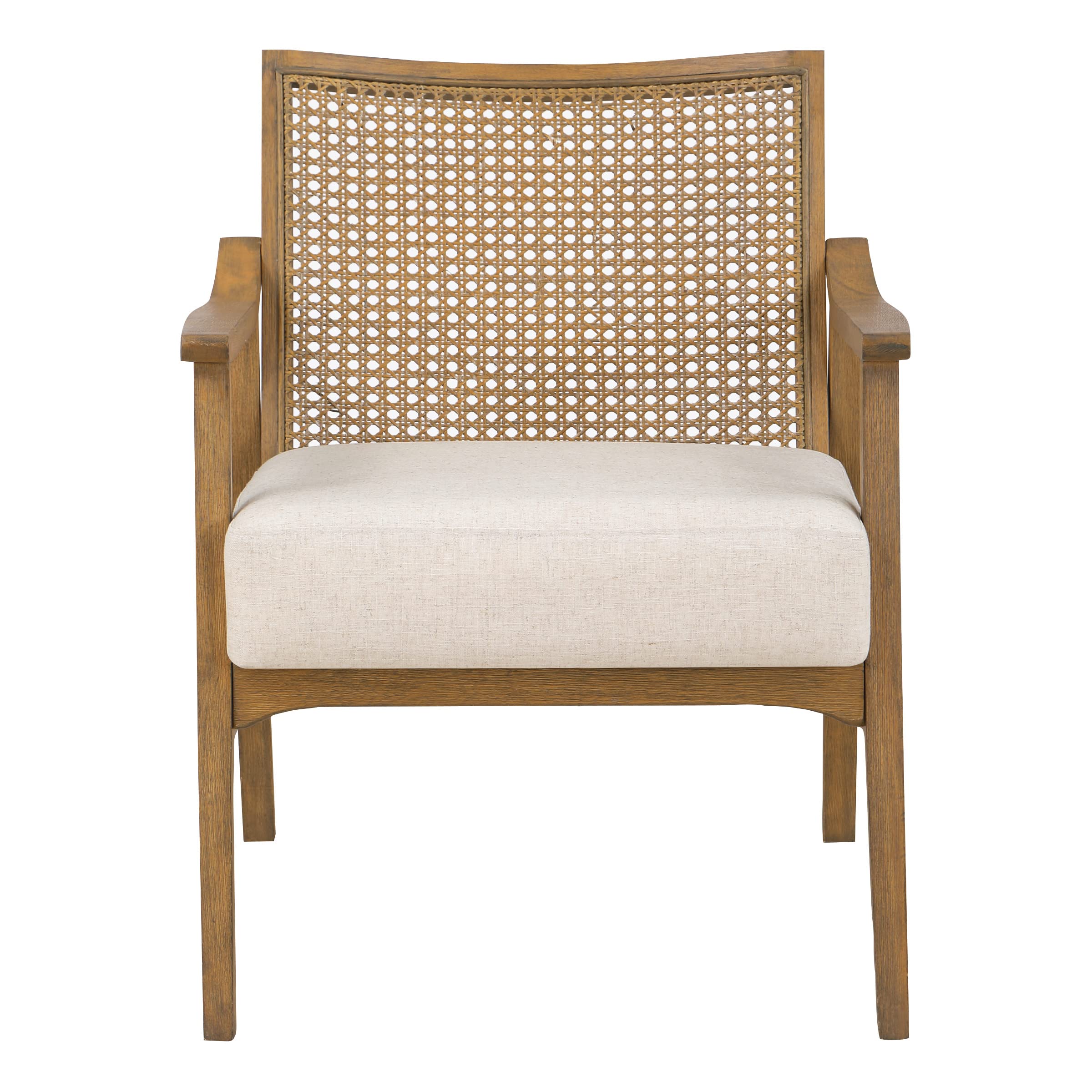 Alania Wood Accent Chair with Cane Back, Arms and Padded Seat, Linen Fabric