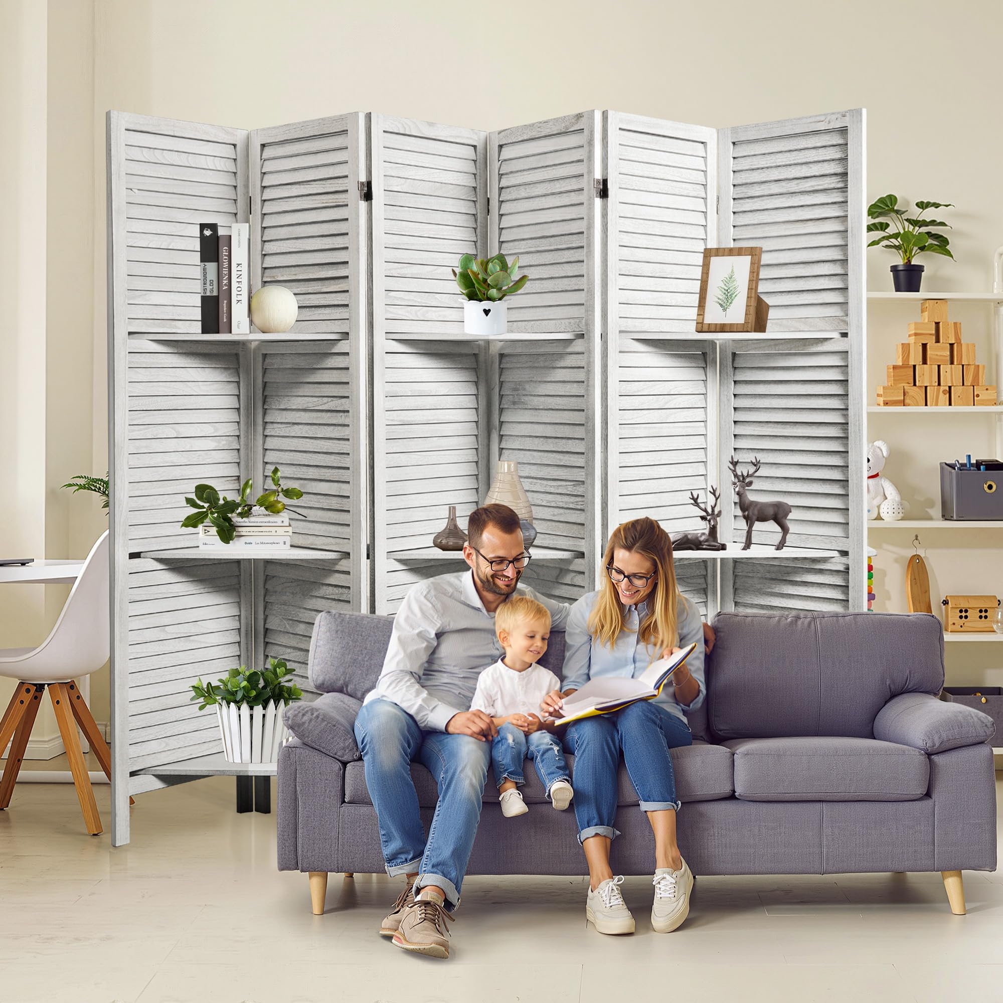 Osparple Room Divider with Shelves, 5.6FT Folding Room Divider Panel and Privacy Screen, 6 Panel Partition Wall Divider for Room Separation, White