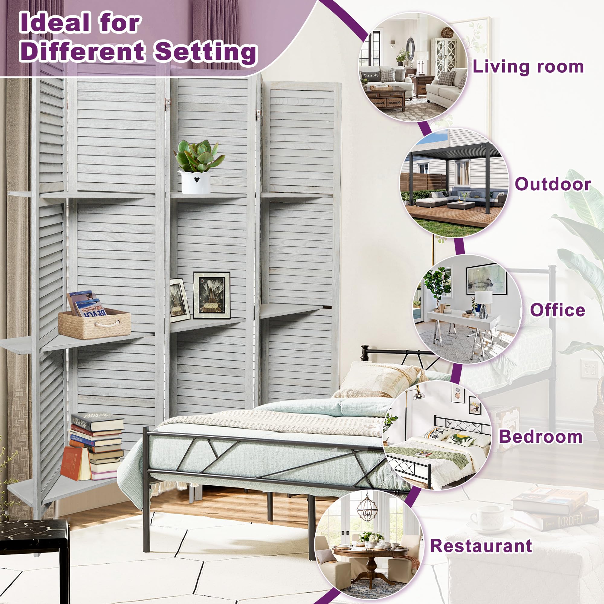 Osparple Room Divider with Shelves, 5.6FT Folding Room Divider Panel and Privacy Screen, 6 Panel Partition Wall Divider for Room Separation, White