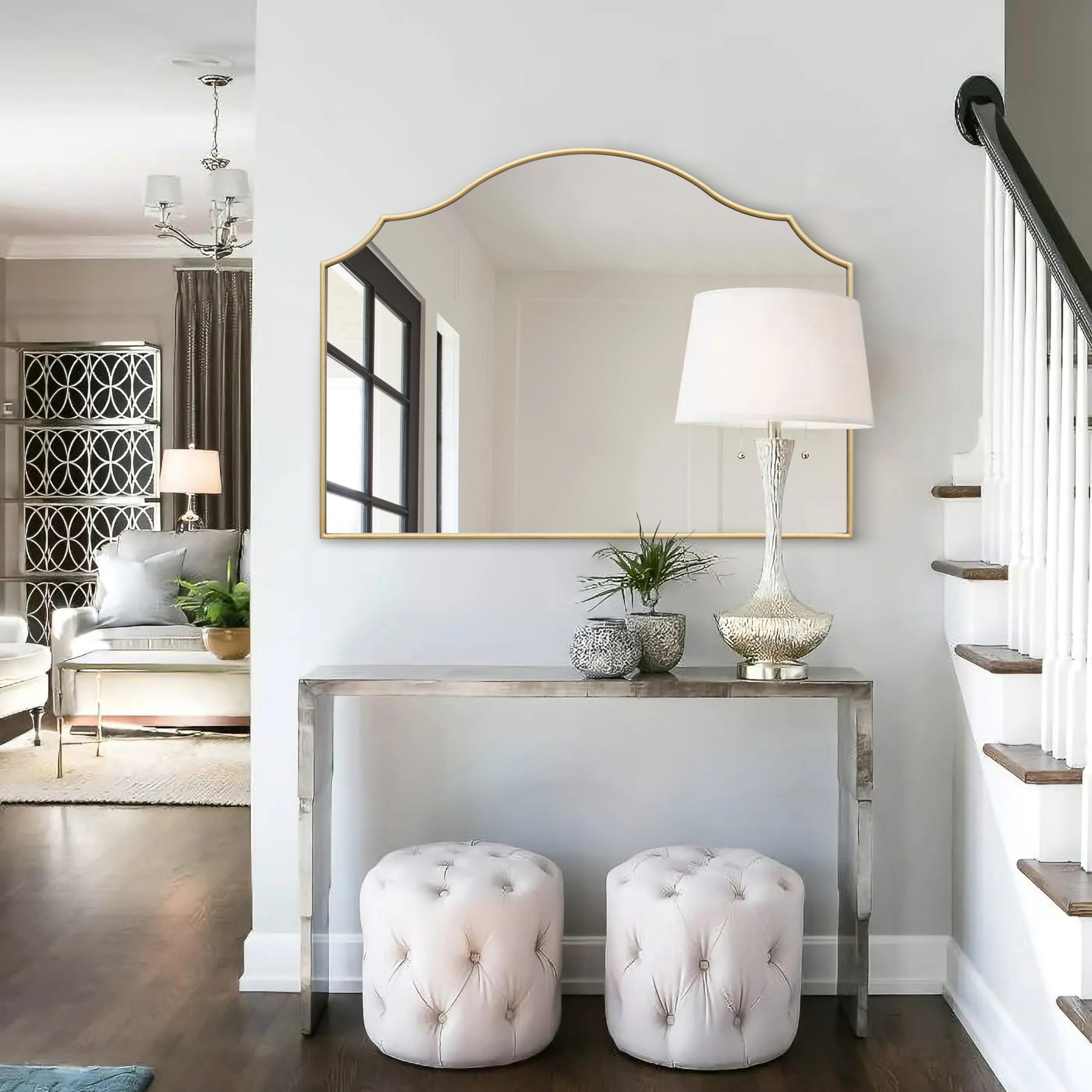 Gold Modern Large Wall Mirror, 36"x26" Decorative Scalloped Arched Mirror Vanity