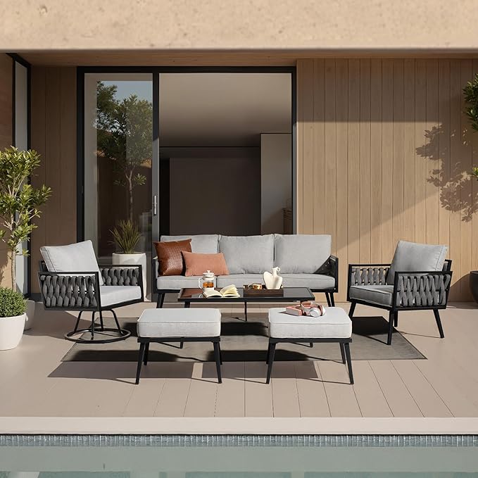 6 Pcs Patio Furniture Sets with Deep Seating, Patio Swivel Chair Thick Cushions