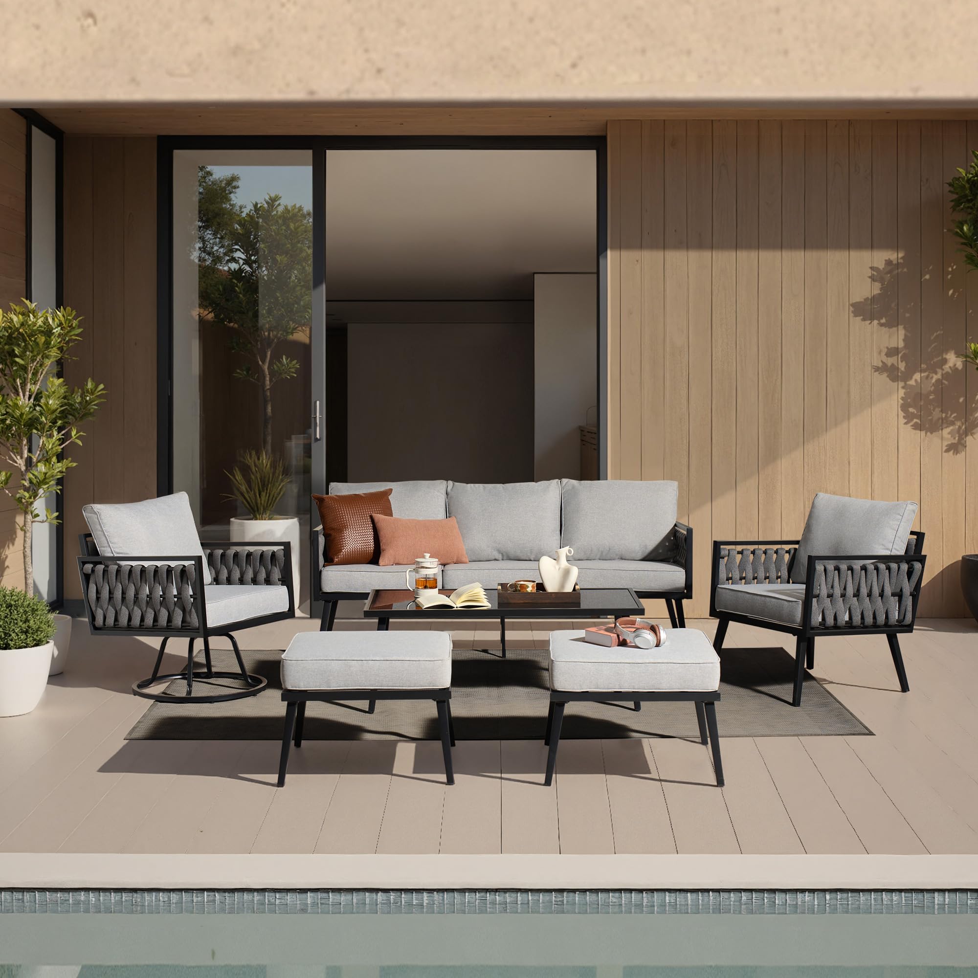 6 Pcs Patio Furniture Sets with Deep Seating, Patio Swivel Chair Thick Cushions