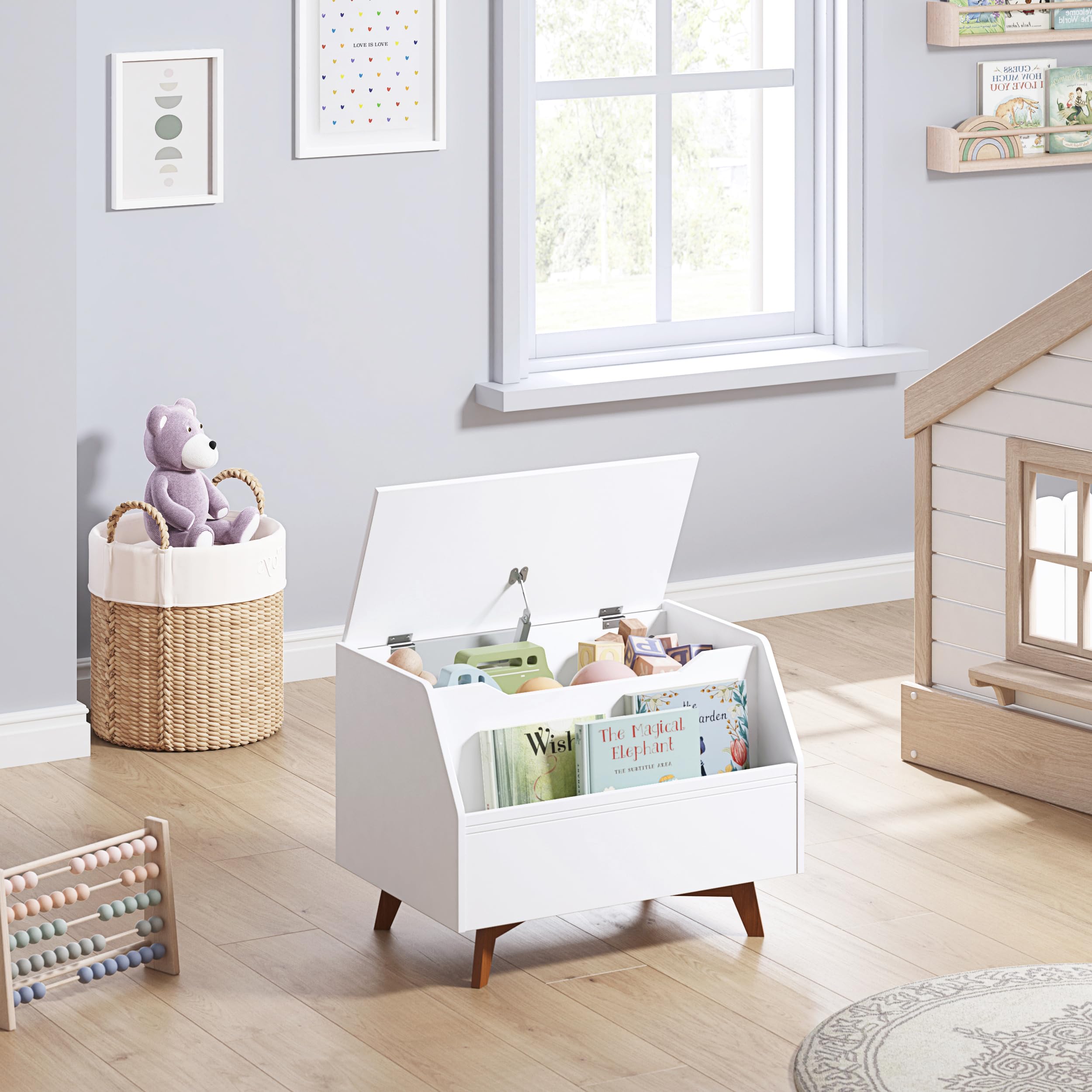 Kids Toy Box, Wooden Toy Chest, Kids Storage Organizer Bench with Front Book Storage
