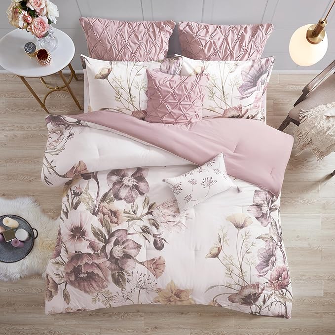 Floral King Comforter Set, Cotton Rich Bedding Set Feminine Design Shabby