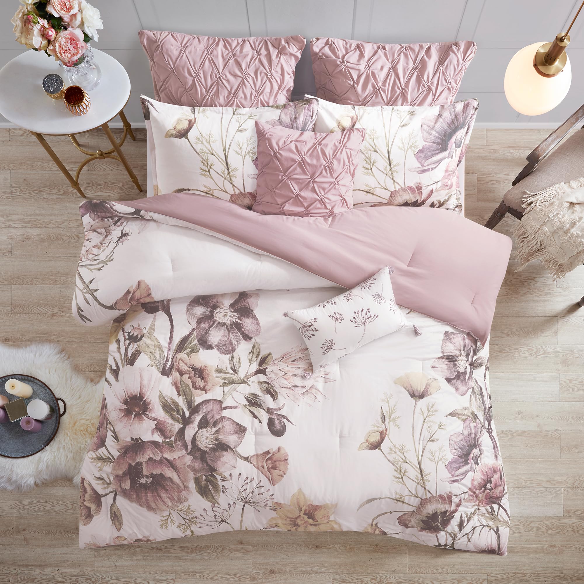 Floral King Comforter Set, Cotton Rich Bedding Set Feminine Design Shabby