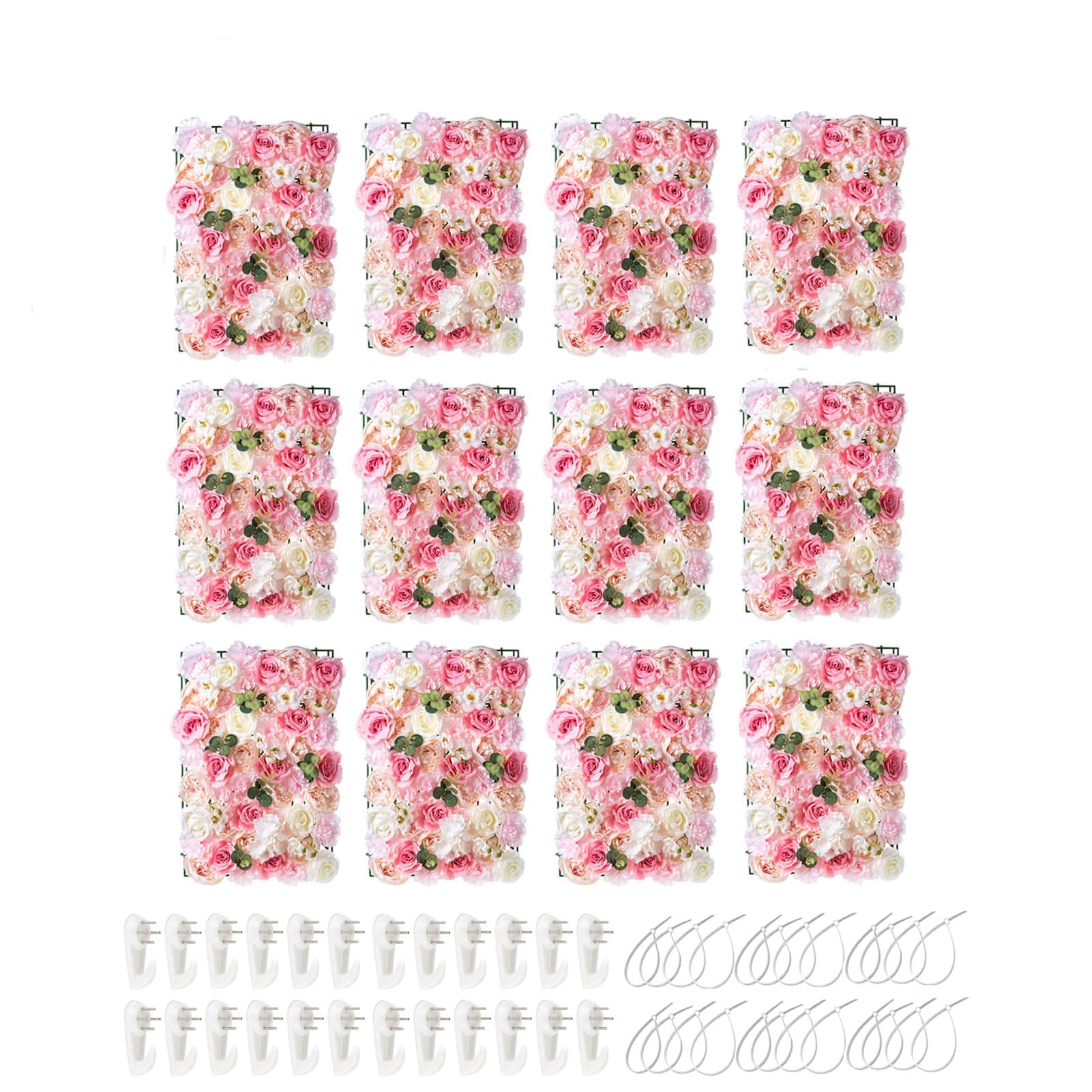 Flower Wall Panel for Backdrop: 12 Pcs 24 X 16 White & Pink Faux Roses Artificial Flower