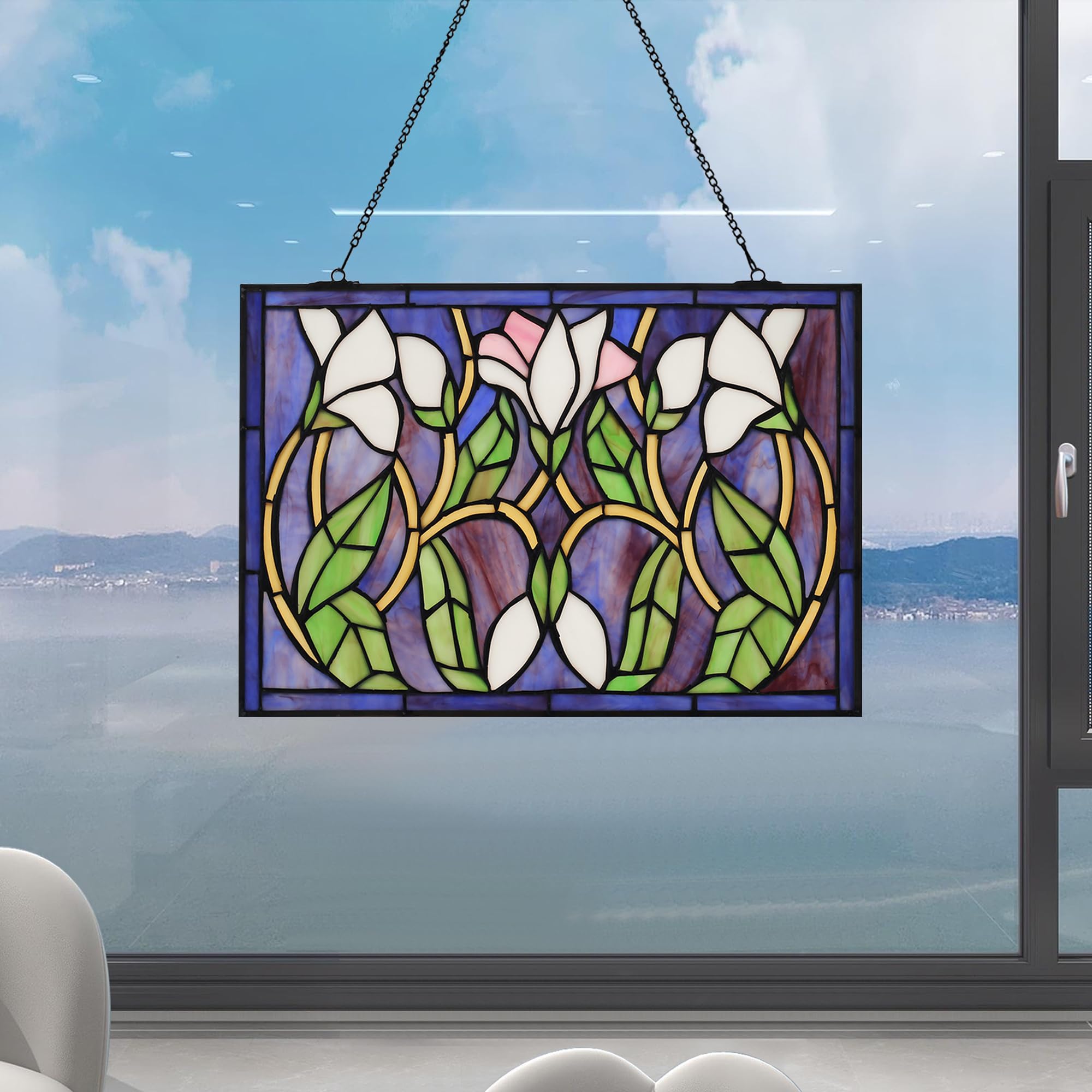 Rectangular Lily Stained Glass Window Hanging Tiffany Style Handmade 16" X 11" Purple