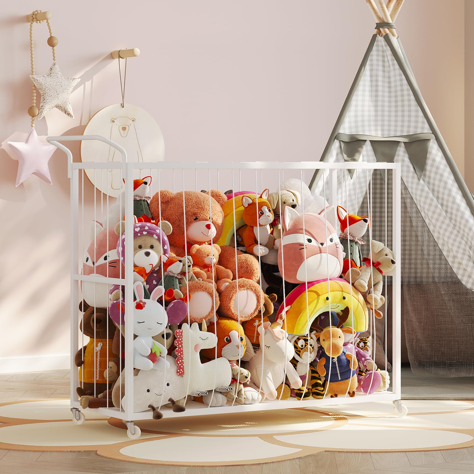 Stuffed Animal Storage Tower Rolling Cart - Zoo Cage Organizer for Kids