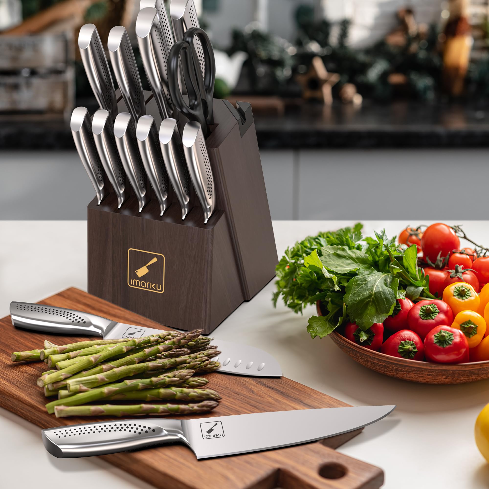 Knife Set, 15-Pieces HC Stainless Steel Kitchen Knife Set With Built in Knife Sharpener