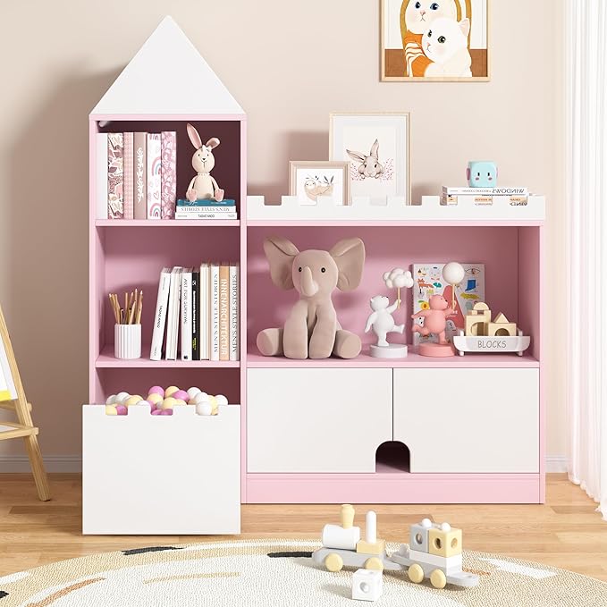 Toy Storage Organizer, Kids Castle Bookshelf, 6 Cubby Children Bookshelf, 39.4’’ Wood