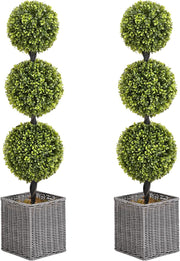 2 Pack 4FT Artificial Boxwood Ball Topiary, Potted Boxwood Outdoor