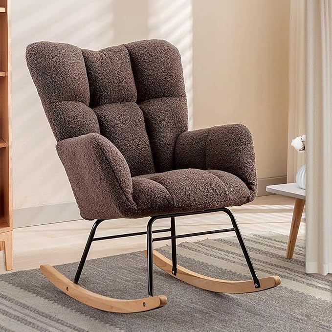 Nursery Rocking Chair, Teddy Upholstered Glider Rocker with High Backrest Armchair