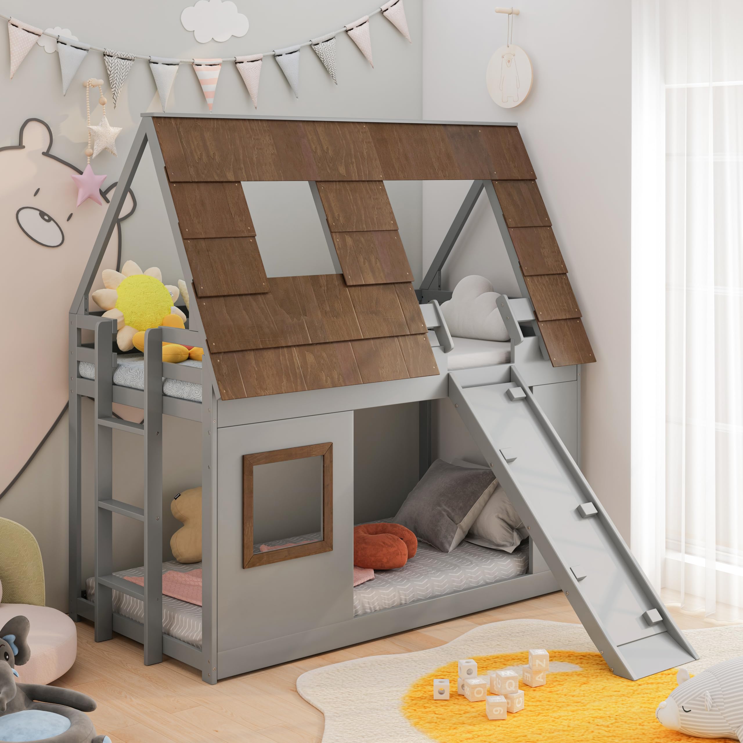 Twin Over Twin House Bunk Bed for Kids