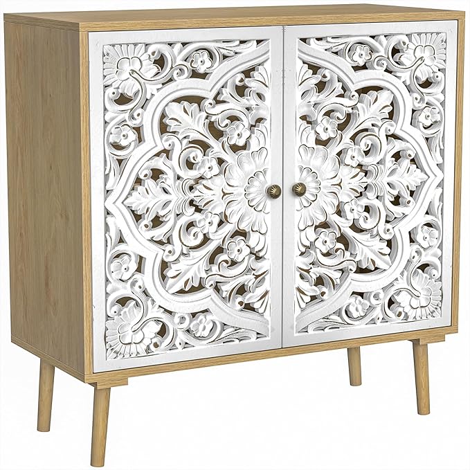 Carved Accent Cabinet with Doors, Kitchen Buffet Cabinet Flower Patten