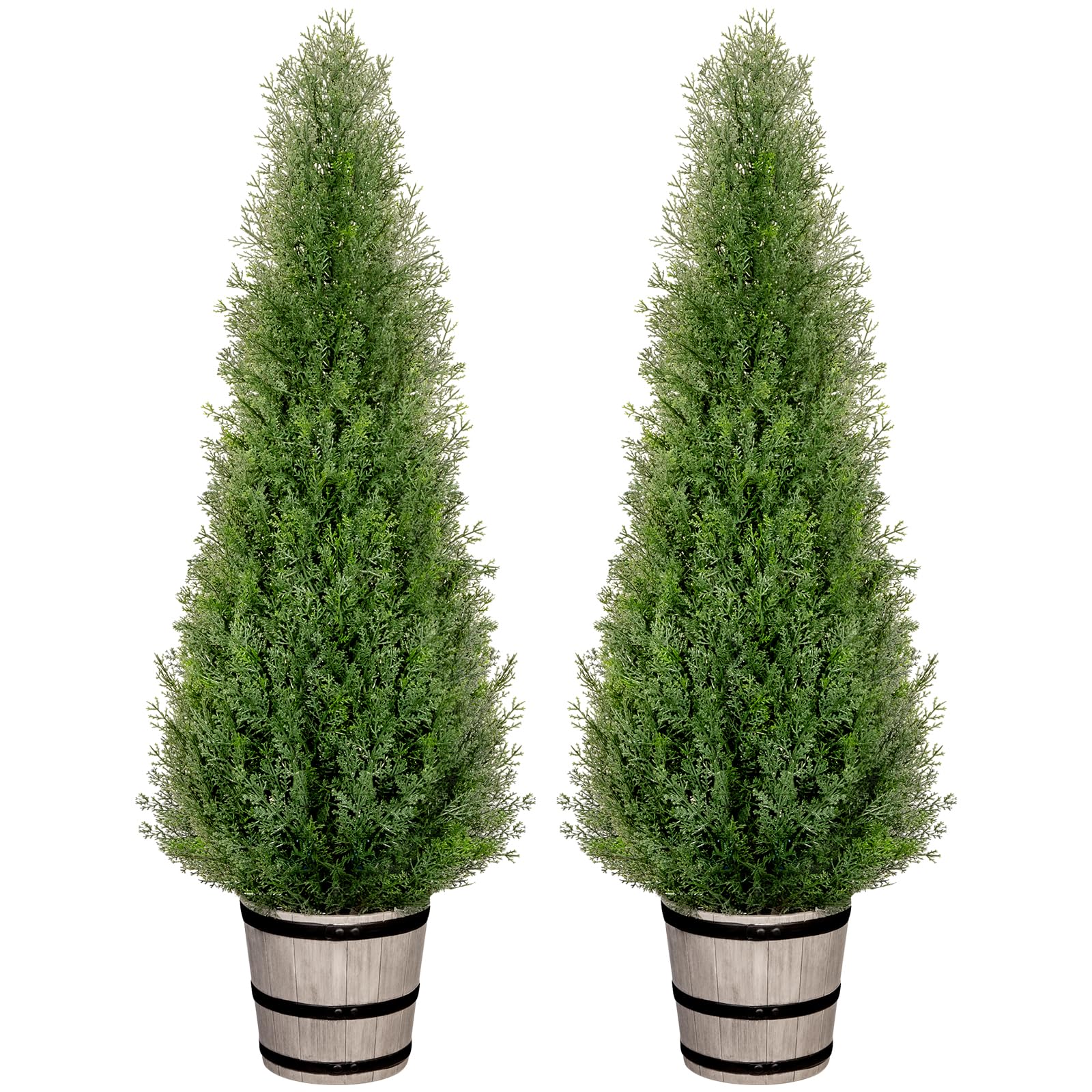 4FT Artificial Cedar Topiary Trees with Rustic Barrel Planter, Outdoor Indoor Realistic Faux