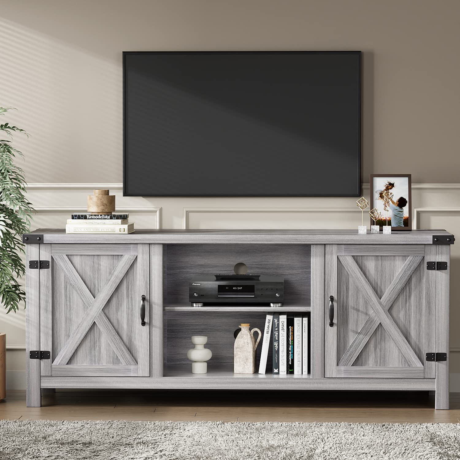 TV Stand with Two Barn Doors and Storage Cabinets for Televisions up