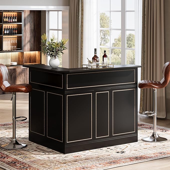 Bar Cabinet, L-Shaped Home Bar Table with Stemware Racks, 4-Tier Corner Bar