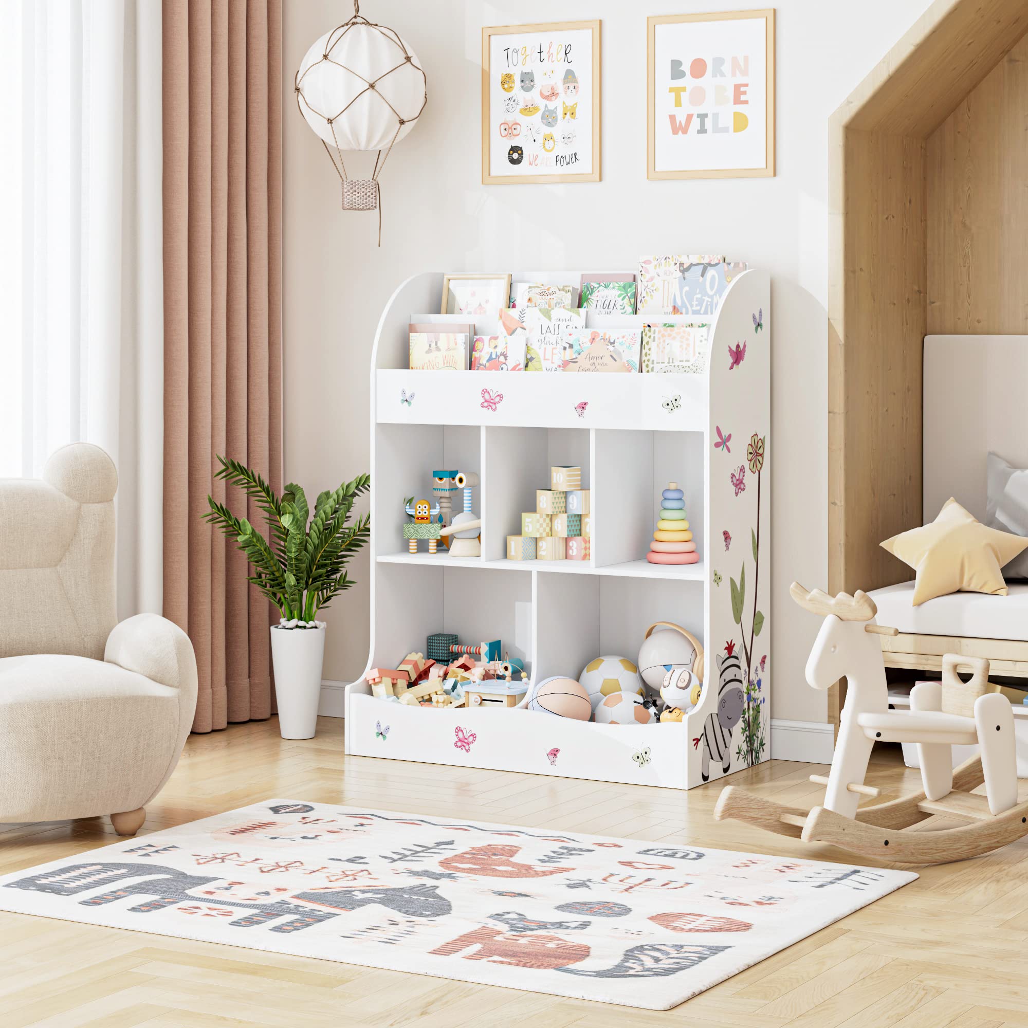 Kids Bookshelf and Toy Storage, 3 Tier Sling Montessori Bookcase with Toy Organizer